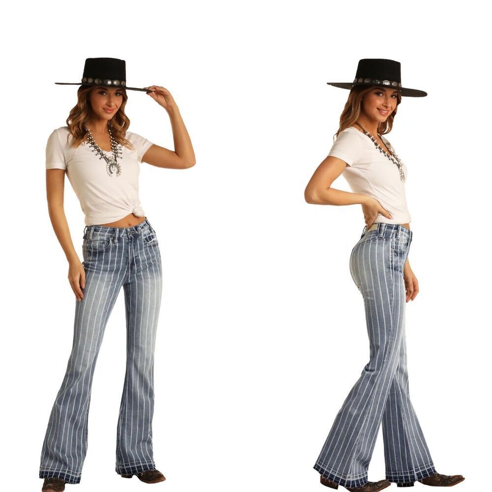 Rock & Roll Denim Women Size 25 High Rise Striped Trousers Bootcut Flare Jeans